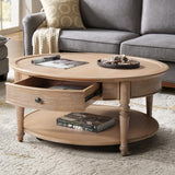 HULALA HOME Round Coffee Table with Casters, Wood Coffee Table Movable with Drawer/Shelf, Classic Traditional Center Tables for Living Room, Natural