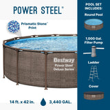 Bestway Power Steel 14’ x 42” Above Ground Pool, Round Metal Frame Outdoor Swimming Pool Set with Filter Pump, Ladder, and Cover, Brown