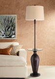 Regency Hill Fallon Industrial Floor Lamp with Tray Table USB and AC Power Outlet in Base 66" Tall Oil Rubbed Bronze Hammered Oatmeal Drum Shade for Living Room Reading House Bedroom Home