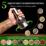 Electric Salt and Pepper Grinder Mill Set, 90ml Rechargeable Automatic Salt and Pepper Shakers with Dusty Tray, LED Lights, 5 Adjustable Coarseness for Kitchen, Outdoor Birthday Gifts for Women Mom