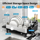 Ewaiira Dish Drying Rack, 304 Stainless Steel Dish Racks for Kitchen Counter, Dish Drainers with Automatic Drainage, Utensil Holder & Cups Holder, Space Saving Kitchen Organizer, Black 16.5''x12.6''