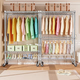 M MZG Heavy Duty Rolling Garment Rack 3 Tiers Adjustable Wire Shelving Clothes Rack with 2 Rods and Side Hooks, Storage Closet Clothing Rack with Wheels Chrome 17.7" D x 47.2" W x 83.6" H