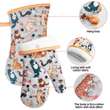 Alselo Oven Mitts and Pot Holders with Chef Apron,Set of 5 Heat Resistant Kitchen Gloves and Silicone Non-Slip Potholders Adjustable Neck Buckle Chef Apron, Cotton Nice Design for Cooking (Cat)