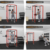 Power Cage with LAT Pulldown, Multi-Functional Power Rack with Cable Pulley System and J-Hooks, Squat Rack with Dip Bars and Landmine Attachment, Weight Cage (Black/Red)