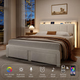 nesture. Queen Storage Bed Frame, Upholstered Platform Bed with 2 Drawers, Velvet Vertical Tufted Headboard with LED Lights & Charging Station, Wooden Slats Support, No Box Spring Needed, Off-White