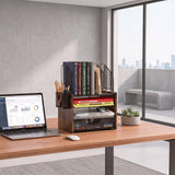 Boershun Wood Desk Organizer - 4-Tier Desktop File Organizer with Drawer, Wooden Paper Tray, Vertical File Holders & 2 Pencil Holders - Office Desk Organizer for Papers, Mail, Notebooks, Stationery