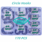 Circle Hooks Fishing Hooks 2X Strong 170PCS/Box|220PCS/Box Octopus Catfish Fish Bulk Fishing Hooks Set Saltwater Freshwater Gear Equipment#1 1/0 2/0 3/0 4/0 5/0 6/0 8/0(BLACK-170PCS)