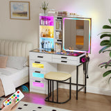 MDGC RGB Vanity Desk with Sliding Mirror and Lights,Glass Top(White