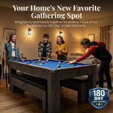 Hathaway Newport 7 Foot Pool Table Combo – 3 in 1 Game Table with Reversable Table Tennis Top & Dining Top – Includes Game Accessories & Two Benches – Chrome Accents, Rustic Gray Finish, Blue Felt
