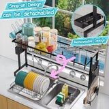 Over the Sink Dish Drying Drainer Rack - Height & Width Adjustable Large Capacity Stainless Steel Kitchen Storage Organization Plate Strainers Above Kitchen Counter (W24.4-38.2" ~ H17.7-22.1" Black)