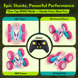 Threeking Pink Remote Control Car RC Flip Stunt Double Sided Driving Cars Toys for Girls Ages 6-12, USB-C Modular Batteries, 4WD 360° Flips with Breathing Soft Lights, Presents Gifts for Kids