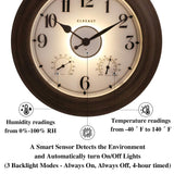CLXEAST 24 Inch LED Illuminated Outdoor Clocks Waterproof with Thermometer & Hygrometer, Large Lighted Metal Wall Clock with Smart Night Light Sensor,Grey Oak Finish,House Warming Gifts New Home