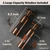 KRAFTEL Premium 8" Salt and Pepper Grinder 2PK. Large Peppermill - Refillable, Adjustable Coarse, Antique Stainless Steel Spice Shaker. Clear Acrylic aesthetic - Cute Copper Color Kitchen Gift for Mom