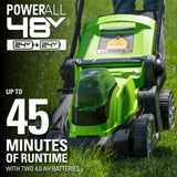 Greenworks 48V (2 x 24V) 17" Brushless Cordless Lawn Mower + 24V Drill / Driver, (2) 4.0Ah USB Batteries (USB Hub)
