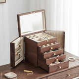 Homruilink Black Walnut Wooden Jewelry Box, Wood Jewelry Organizer with 2 Side Doors Mirror Lockable Classical Style for Watch Necklace Ring Earring Storage Valentines Day Gifts for Her-5 Layer