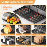 Urackify Dish Rack for Kitchen Counter, 304 Stainless Steel Dish Drying Rack, Expandable Dish Drainer, Foldable Dish Strainer with Cutlery Holder, Kitchen Plate Rack (Black, Large Size)