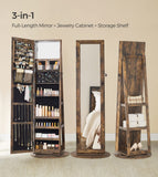 SONGMICS 360° Swivel Jewelry Cabinet, Lockable Jewelry Organizer with Full-Length Mirror, Rear Storage Shelves, Interior Mirror, Jewelry Armoire, Gift Idea, Rustic Brown UJJC006X01