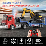 Fistone RC Semi-Trailer Truck & Friction Powered Excavator Toy Set, 1:24 Scale with Sound and Lights, 6 CH Remote Control Flatbed Truck and Inertia-Powered Excavator Toys for Kids Boys，Red