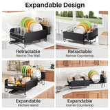 SNTD Dish Drying Rack - Large Dish Racks for Kitchen Counter, Expandable Dish Drainers with Cutlery Holder Stainless Steel Rustproof, Black