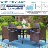 PHI VILLA 5pc Patio Dining Set with Umbrella, Square Table, Rattan Chairs
