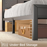 E-Motie King Size Bed Frame with LED Lights and Charging Station, Wood Storage Headboard with 2-Tier Shelves, Heavy Duty Metal Slats, No Box Spring Need, Noise Free, Easy Assembly, Light Grey