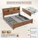 EnHomee King Size Bed Frame and Headboard & Storage,4 Drawers and LED Built in Charging Station with Storage Farmhouse,Noise-Free,No Box Spring Needed,Brown