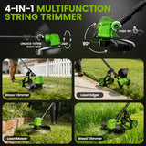14" Electric String Trimmer Cordless Battery Powered Weed Eater with Wheel, 3-in-1 Cordless Grass Trimmer/Electric Weed Wacker/Edger, Weed Trimmer with 8 Replacement Spools for Garden, Lawn (Green)