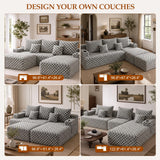 Boneless Couch Cloud Modular Sectional Sofa, Modern Convertible L Shaped Couch, 3 Seat Deep Seat Sectional Sofa with 5 Pillows for Living Room, Apartment(Gray, Checked, Right Facing Chaise+Ottoman)