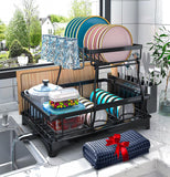 Godboat Dish Drying Rack, 2-Tier Dish Rack with Auto-Drain & Mat, Dish Racks for Kitchen Counter, Dish Drainer with Knife
