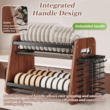 QIUHTR Modern Wooden 2-Tier Dish Drying Rack,Stainless Steel Dish Drainer,Saving Kitchen Space,with Removable Cutlery Holder,with Utensils Flatware Holder Set