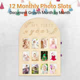 DegoCython Baby First Year Photo Board, Natural Wood, 16x12 Inches, Monthly Photo Display, Modern Farmhouse Style, Arch Shape, Tabletop Frame, Baby Photo Display, 12 Photo Slots