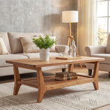 LITTLE TREE Solid Wood Coffee Table, 47-Inch Living Room Center Table with Shelf, 2-Tier, Smooth Corners, Child-Friendly, Easy Assembly, Brown