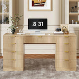 Vabches 59 Inch Fluted Computer Desk with 9 Drawers, Natural