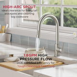 FORIOUS Kitchen Faucet with Pull Down Sprayer, Classic Single Hole Kitchen Sink Faucet with Deck Plate, Brushed Nickel Single Handle, High Arc Stainless Steel for RV Bar Farmhouse Laundry Outdoor