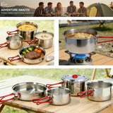 Ipretti Portable 18/8 Stainless Steel Camping Cookware Set 11 Pcs - Nesting Design, Large Capacity Pots and pan with Kettle, Compact for Picnic & Family Outdoor Cooking (4-8 People) with Carry Bag