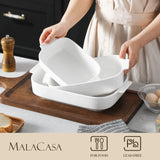 MALACASA Casserole Dishes for Oven, Ceramic Baking Dishes Set of 3, Rectangular Lasagna Pan Deep Baking Pans, Bakeware Sets with Handles Gift Set, White (13.8''/11.7''/9.4''), Series BAKE