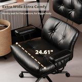 HOOOWOOO Ergonomic Office Chair,Mid Century Modern Computer Desk Chair,Comfy Executive Chair with Extra Wide Tufted Cloudy Seat Lumbar Support High Reclining Back,PU Faux Leather Black