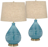 360 Lighting Kayley 24" High Small Mid Century Modern Coastal Table Lamps Set of 2 Blue Ceramic Linen Shade Living Room Bedroom Bedside Nightstand House Office Home Reading Kitchen Entryway Console