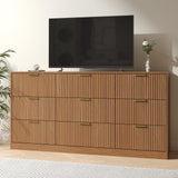 NOVAMAISON Fluted Dresser for Bedroom with 9 Drawer, 63” Wide Wooden Dresser Mid Century Chest of Drawers with Handle, Dressers TV Stand Storage Organizer for Bedroom, Living Room, Natural Wood