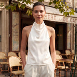 Maohao Women's Silk Satin Tank Tops Halter Draped Front Sexy Backless Womens Summer Tops Elegant Camisole Tops (White,M)