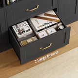 HOSTACK 71" Tall Triple Wide Bookshelf with Storage Drawers & Doors, Black
