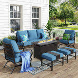 MFSTUDIO 6 Piece Metal Patio Furniture Set with Fire Pit Table, Denim Blue