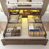 EnHomee King Size Bed Frame and Headboard & Storage,4 Drawers and LED Built in Charging Station with Storage Farmhouse,Noise-Free,No Box Spring Needed,Brown