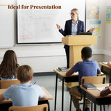 Podium Stand with Metal Wheels Wooden Lectern Podium Stand Portable Pulpit Standing with Storage