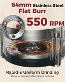 Tuni G3 64mm Flat Burr Coffee Grinder, 100 Grind Settings Electric Espresso Grinder with Single Dose Set | Commercial Grade Precision, Touchscreen | Anti-Static Tech | Stainless Steel (Ivory)