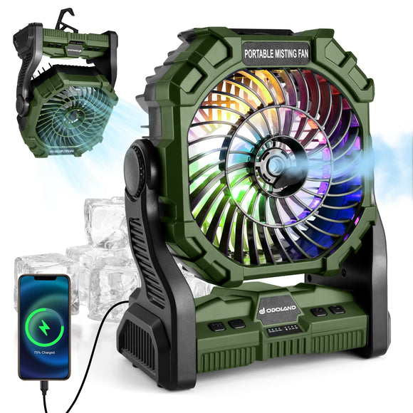 Odoland Portable Misting Fan, Camping Fan with Light & 250mL Water Tank,10000mAh Battery Operated Rechargeable Mister Tent Fan with Hook, Cooling Mist Fans for Outdoor Patios Beach RV Car Summer Odoland