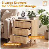 Go Beyond Fluted Night Stand with Charging Station, 3 Drawers Large End Table, Natural Nightstand Set of 2 with Storage, Wood Bedside Tables for Living Room, Bedroom (Wooden)