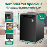 roomwell E-Star 2.6 Cu Ft Mini Fridge without Freezer - Black Mini Fridge AUTO DEFROST, Reversible Single Door, Glass Shelf Refrigerator - A Space-Saving Marvel for Your Bedroom, Dorm, and Office