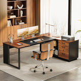 AODK 71 Inch L Shaped Executive Desk with Storage, Walnut+ Black