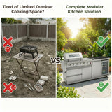 RENDGO Modular Outdoor Kitchen Island, 6-Burner Gas Grill, 75300 BTU,Silver